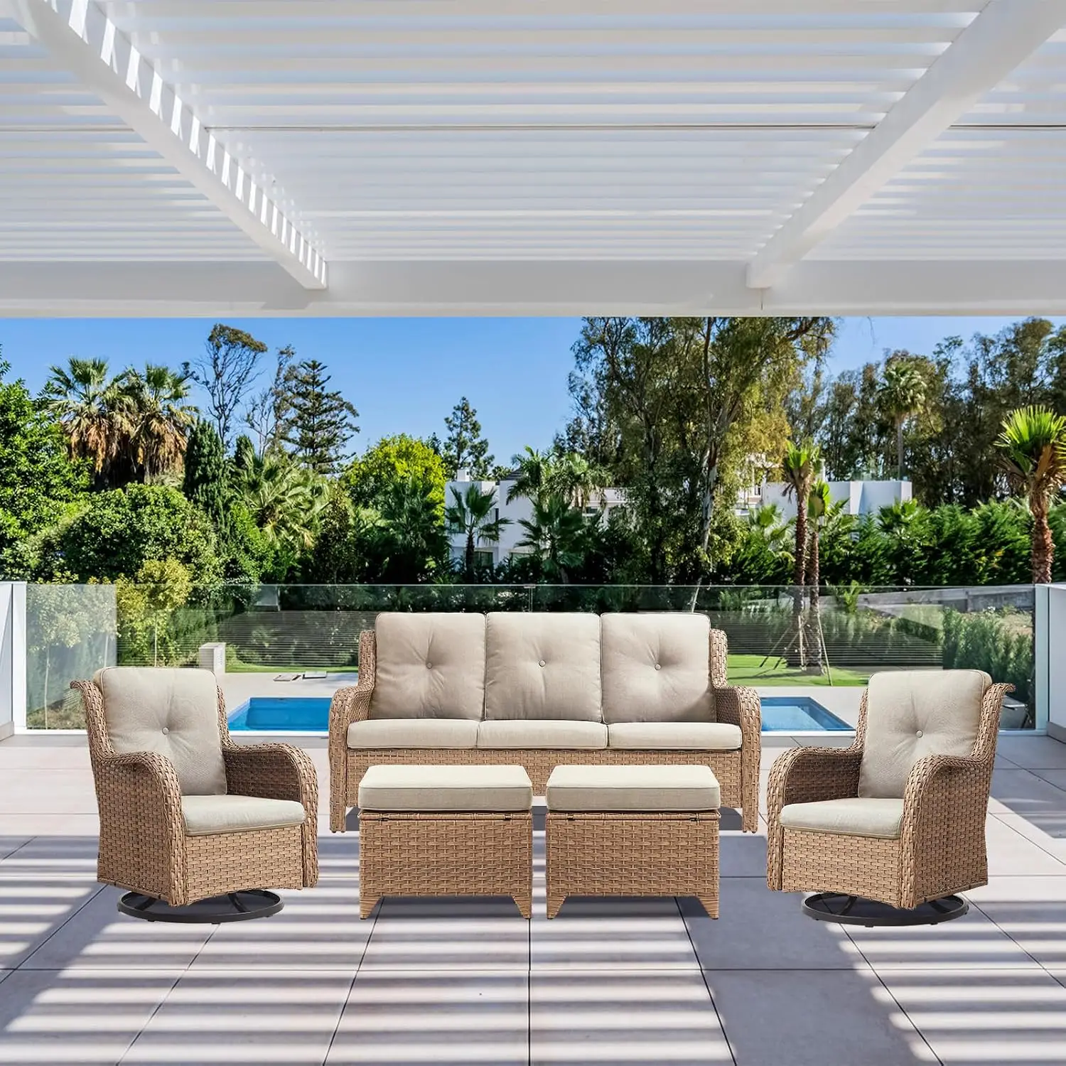 5 Piece Wicker Patio Furniture Set Swivel Rocker Chairs Ottoman Couch All Weather Rattan Seating Porch Balcony, Customized