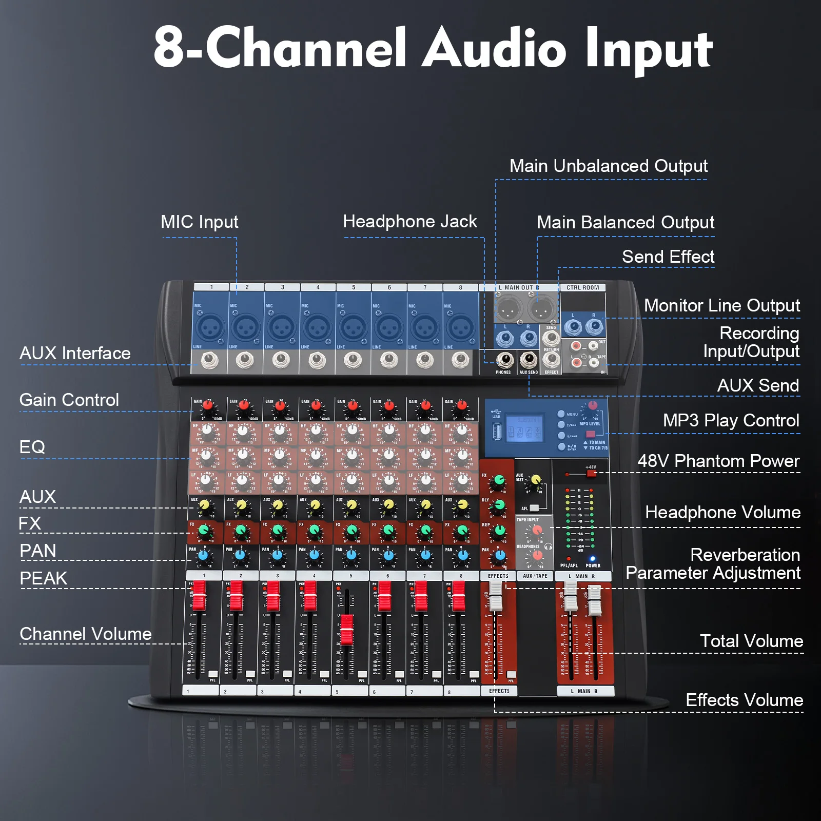 Console de mixage audio professionnelle 8 canaux, système de table de mixage stéréo, mixeur numérique Bluetooth USB MP3, alimentation fantôme 48V