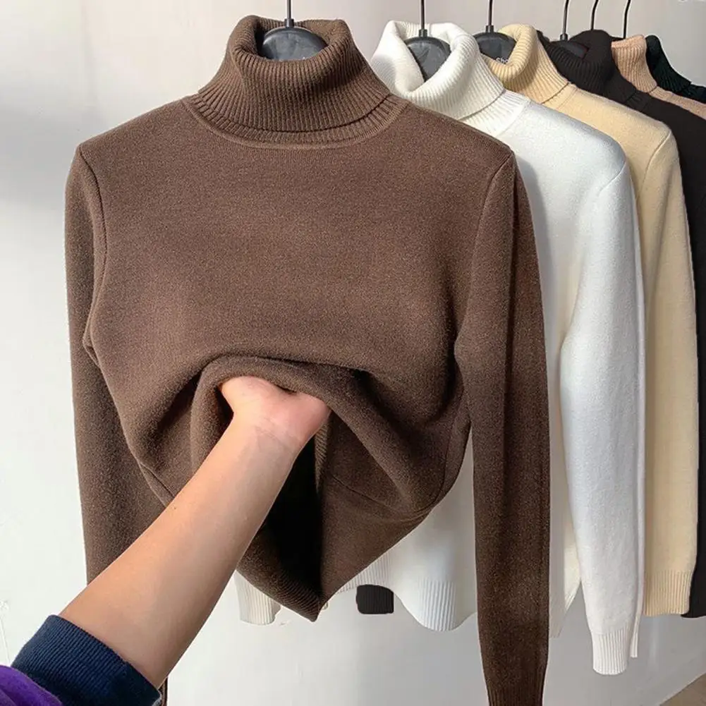 Women Season Sweater Cozy Fleece-lined Knitwear for Women High Collar Pullover Tops Slim Fit Knitting Tops Thickened for Wear