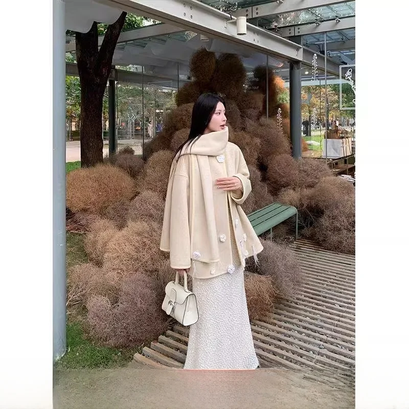 

Двустороннее шерстяное пальто KUN с утолщением, элегантное, женственное, в стиле французского шика, модный дизайн, круглый вырез, на одной пуговице, длинное.