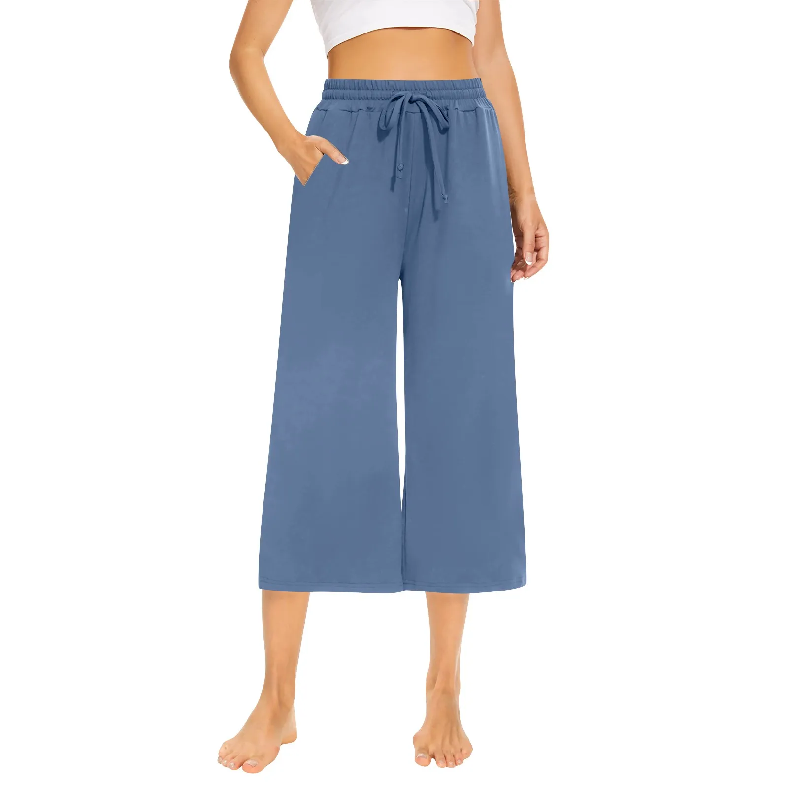 Women Summer Cropped Pants Mid-rise Elastic Waistband Wide Leg Casual Pants Solid Color Pockets Design Harem Trousers