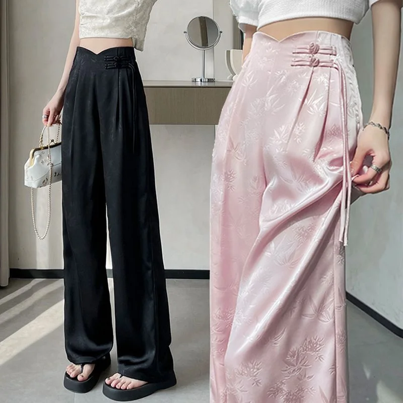 2025 printemps été nouveau Style chinois grande taille pantalons à jambes larges femmes nouveau lâche Chinoiserie taille haute jambe droite pantalon femme