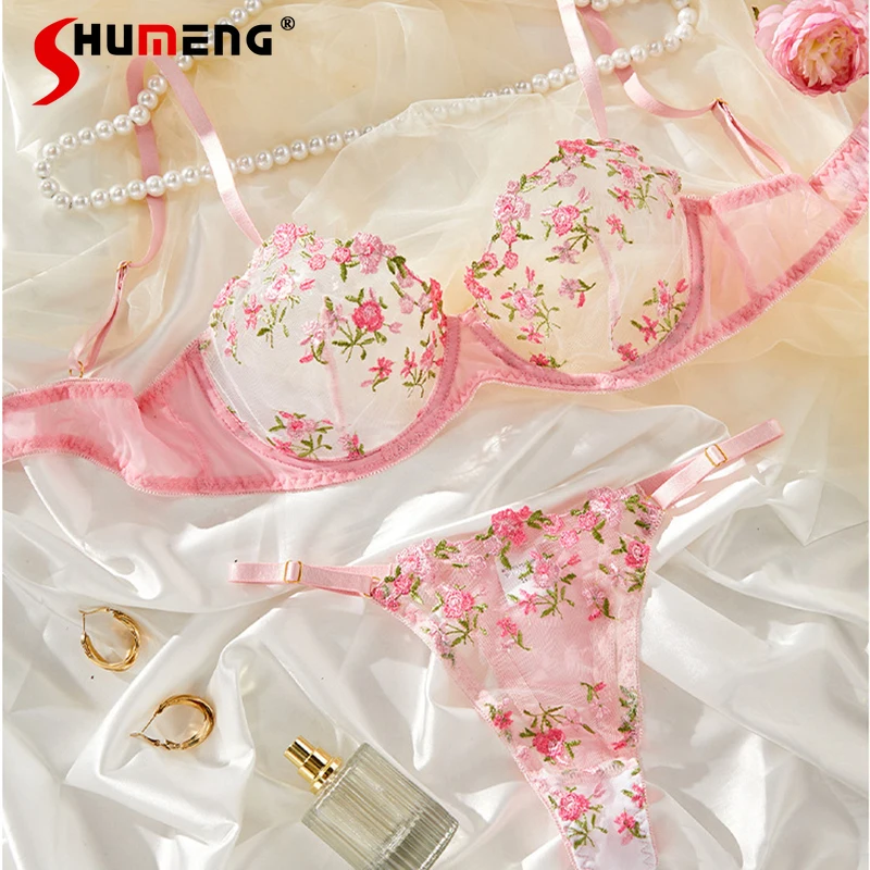 

Temptation Transparent Sexy Lingerie Set Women Embroidery Ultra Thin Bra Outfits Female Underwire Push Up Underwear Intimates