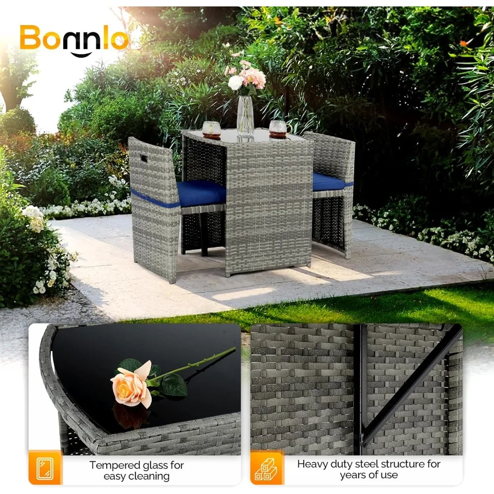 

3 PCS Wicker Outdoor Patio Bistro Set, Patio Furniture Set for Small Space with Glass Top Table Dining Chairs, Balcony Furniture