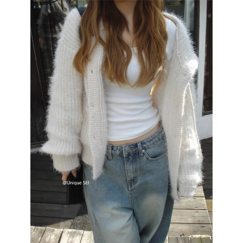 

Винтажный универсальный свободный кашемировый кардиган с длинными рукавами, женский зимний кардиган 2025 года, новая уличная одежда, свободные повседневные вязаные топы с капюшоном