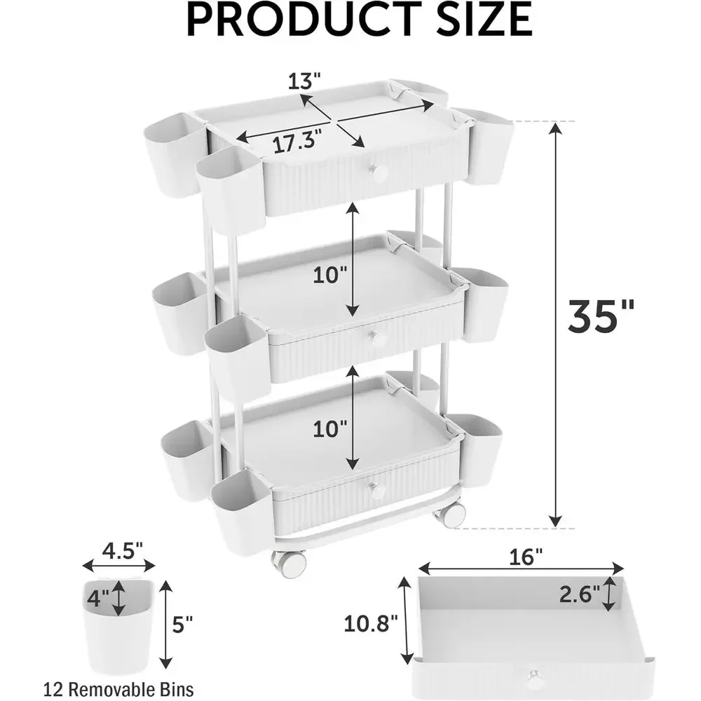 3-Tier Rolling Beauty Cart with 12 Adjustable Organizers, Durable ABS, 360° Wheels - Ideal for Salons, Spa, Makeup Storage.
