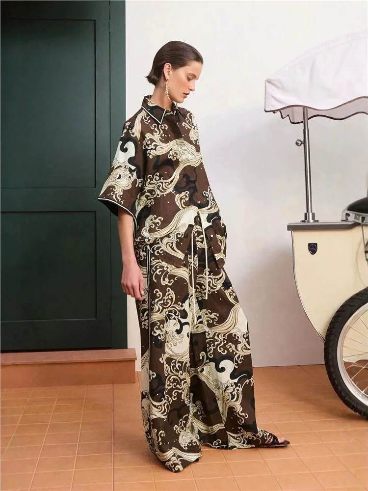 Casual Linen Short Sleeve Shirt Set Women's Fashion Print Knitted Cover up Floral Design Spring Autumn Winter Universal Size