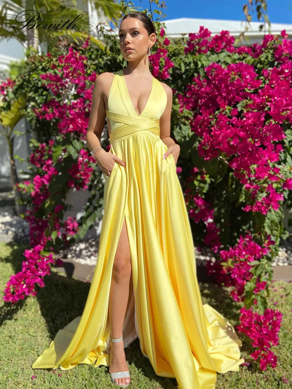 

Yellow Satin Evening Dress Sexy Party Dress for Women with High Split Formal Occasion Dresses For Birthday Party robe de soirée