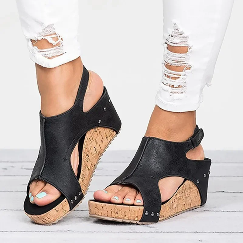 The New Casual Wedge Sandals Women Summer 2022 Fashion Elegant Non-slip Platform Heels Rubber Sole Buckle Peep Toe Roman Shoes