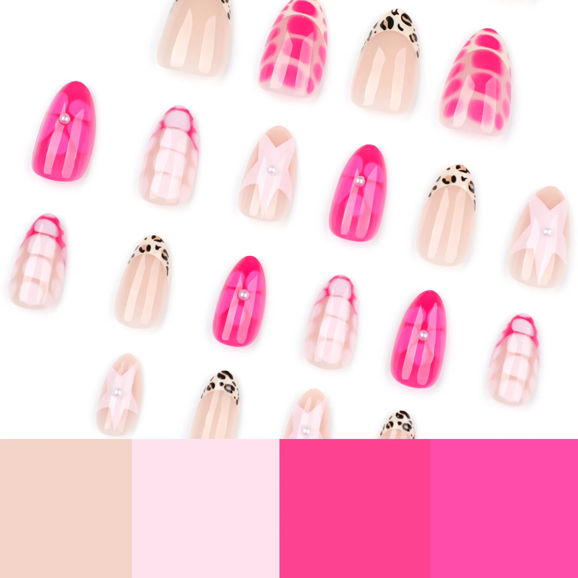 24Pcs Short almond False Nail Rose red flowers stars Wearable Manicure Press ON Nails Solid