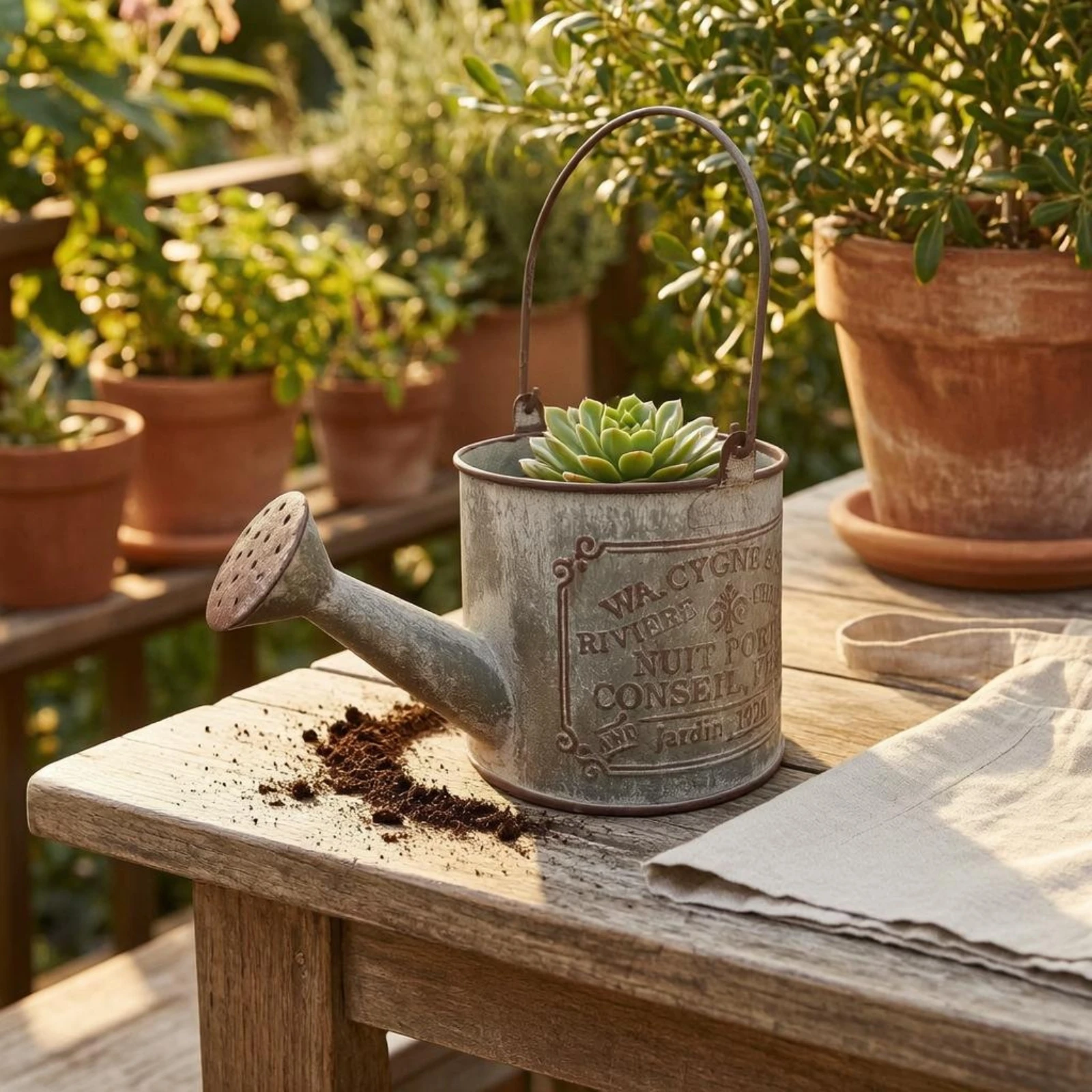Watering Can Planter Distressed Green Vintage Metal Planter Vintage Watering Can Embossed Lettering Garden Decor Rustic Charm