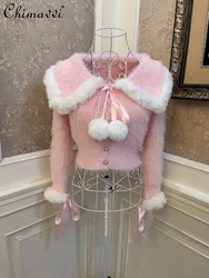 Cute Girl's Plush Navy Lapel Bow Fur Ball Slim Waist Mohair Cardigan Sweet Ladies Pink Single Breasted Short Sweater Coat Women