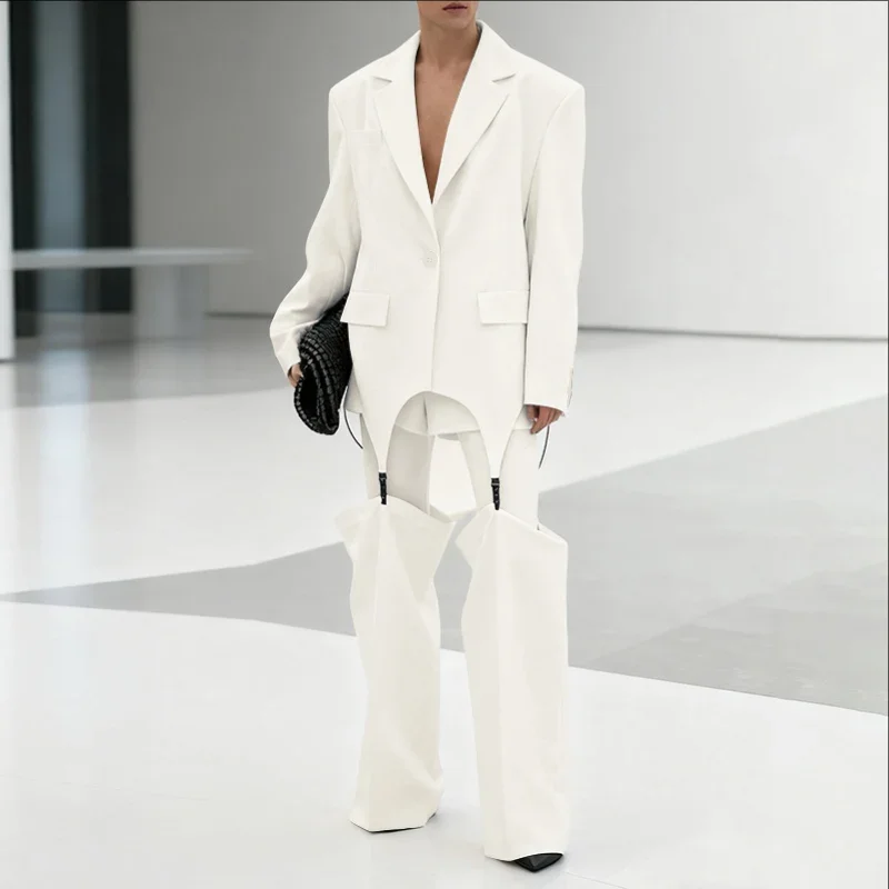 INCERUN Men Sets Solid Long Sleeve Blazer & Hollow Out Irregular Pants Two Pieces Sets Streetwear Fashion Personality Men Suits