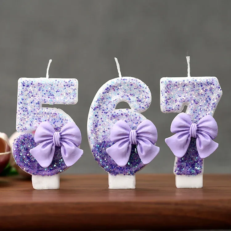 Gradient Purple Bow 0-9 Number Candle Cake Birthday Candle Creative Birthday Cake Decoration Supplies Party Decoration Candle