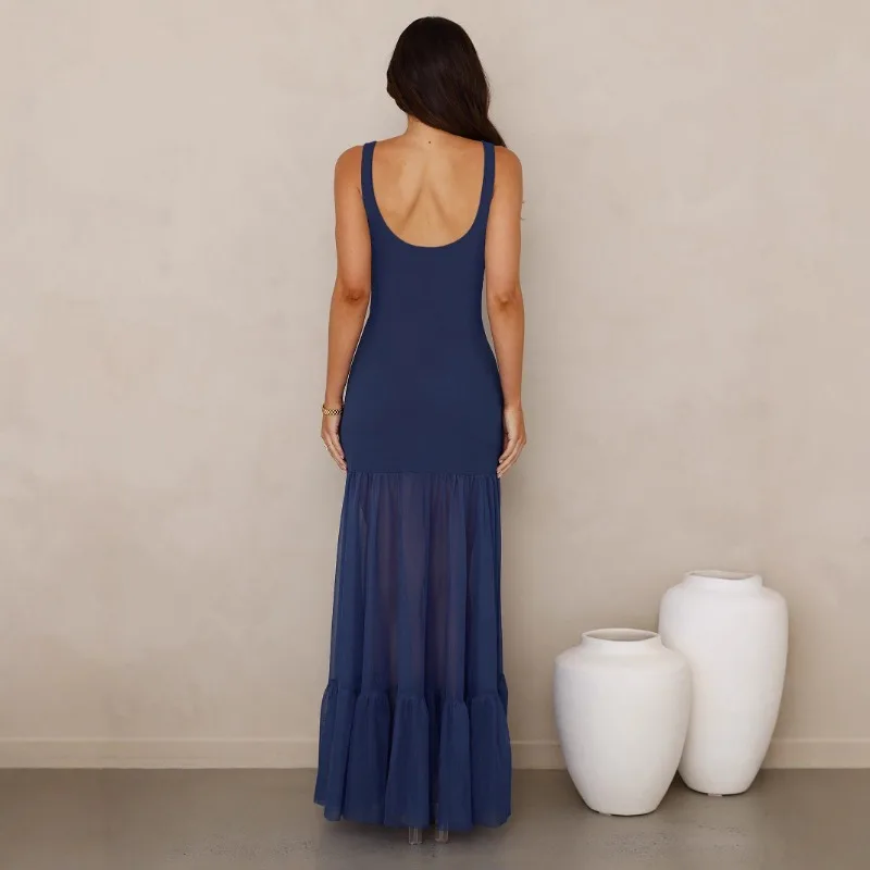 Vestido largo con panel transparente - Vestido de noche elegante sin mangas