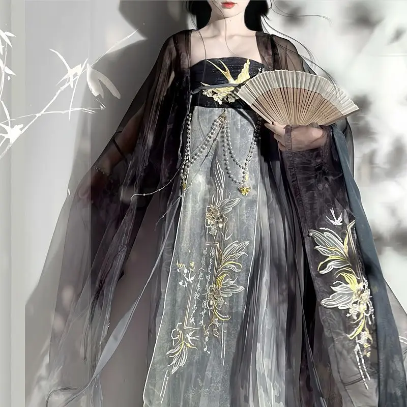 Hanfu เสื้อเชิ้ตแขนใหญ่ปักลายแบบกลุ่ม Hezi ชุดไล่ระดับสีอมตะสุดพร้อมการตกแต่งมุก