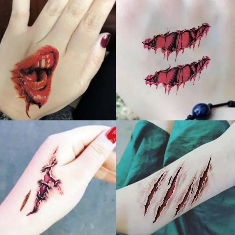 3PCS Halloween Tattoo Sticker Simulation Temporary Fake Bloody Wound Sticker Realistic Terror Wound Funny Scary Tattoo Sticker