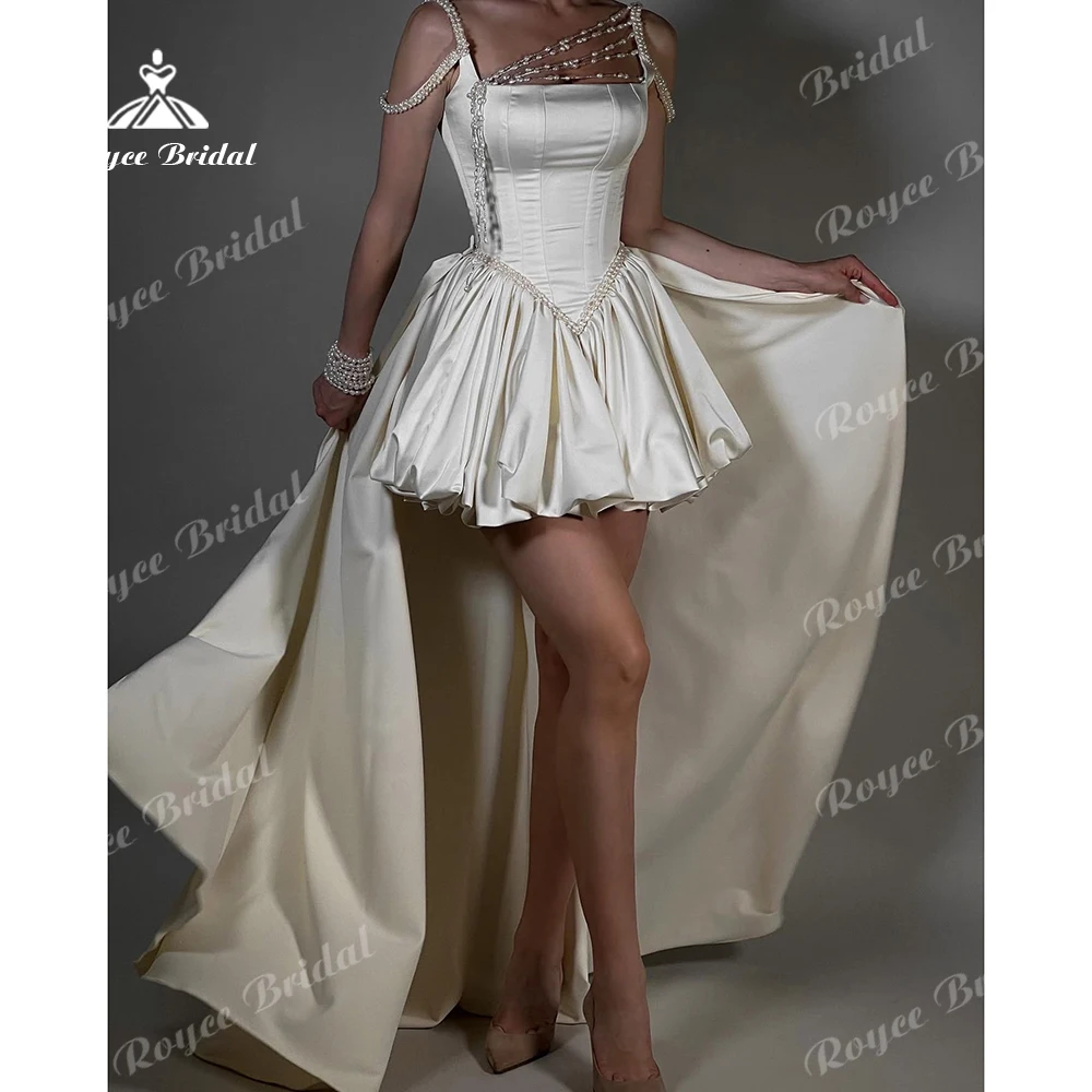 Romantic Satin Prom Dress Pearl Off Shoulder Bridal Gown Beach Detachable Train Women's formal evening gowns Customized
