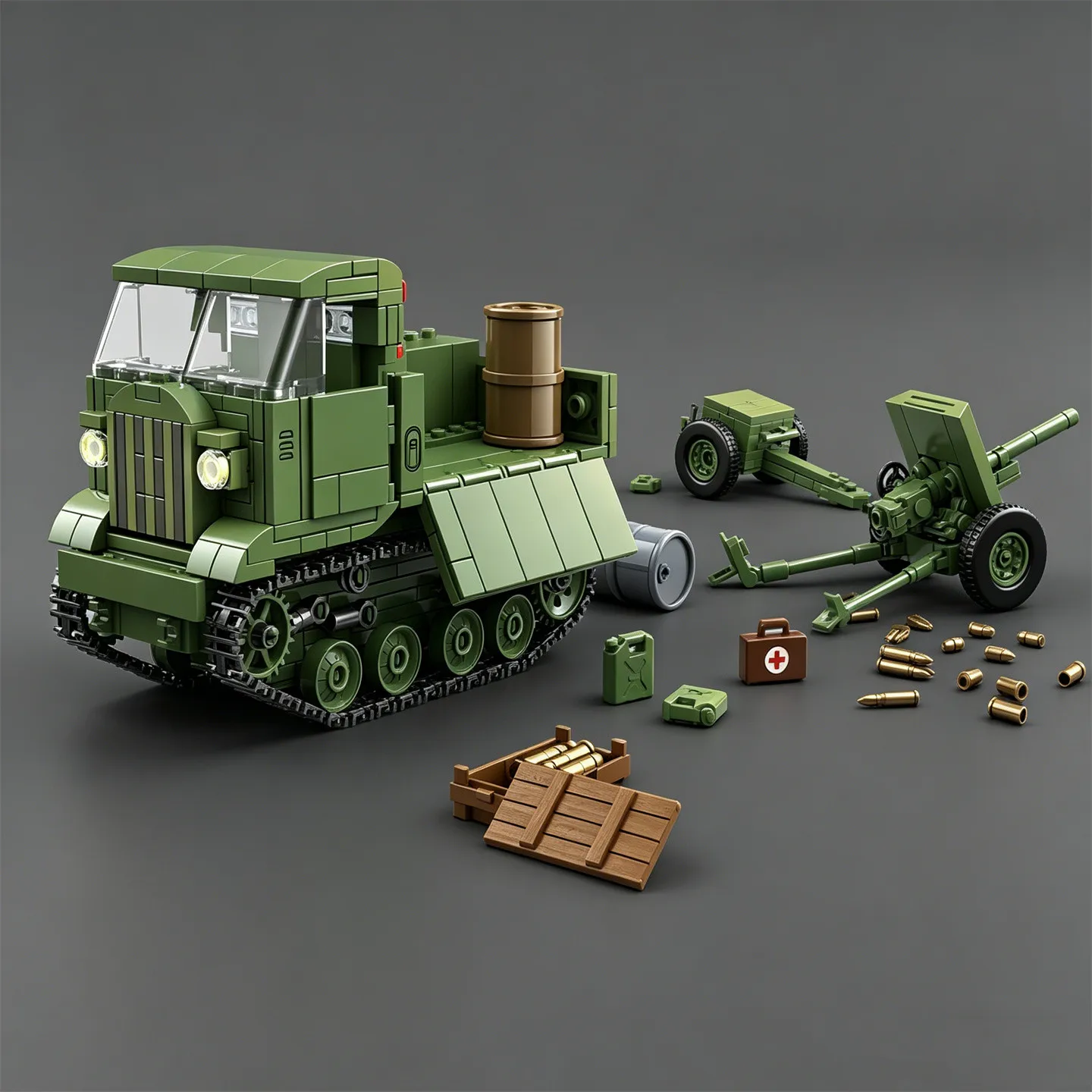 Modèle de blocs de construction du tracteur de transport à chenilles soviétique STZ-5 RSO : modèle de remorque pour obusier, de remorque pour canon antiaérien et de char d'assaut.