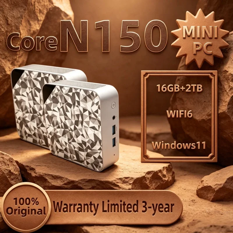 Hot Sale Gray Geometric Diamond Texture Mini PC Core N150 Genuine Original For Home Office Business Apps Casual Play