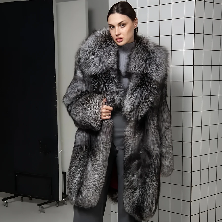 Genuine Silver Fox Fur Coats Womans Fox Fur Jackets With Shawl Collar 2024 Winter Warm Long Womens Outwears