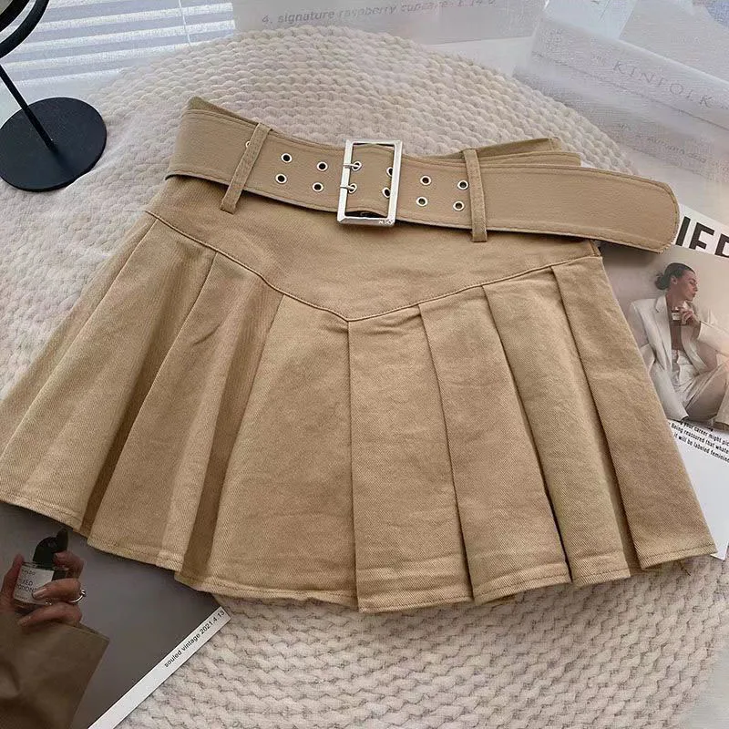 Fashion Belt Pleated Mini Skirt Women Sexy High Waist Casual Sweet Skirts Summer Chic Solid Simple Female Dance A Line Skirt New