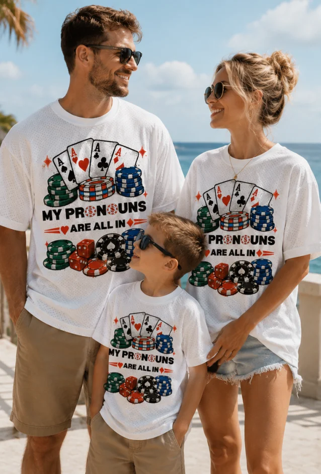 Family Matching Mesh T‑Shirt My Pronouns Are All‑In, Funny Poker Graphic Tee, Gift For Poker Players Las Vegas Vacation Outfit