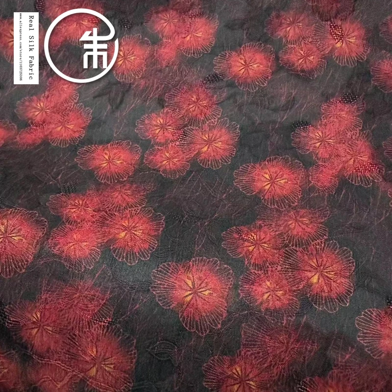 High Quality Black Background Red Broken 100% Real Silk Designer Fabric 30momme Cheongsam Clothing Dress Cloth