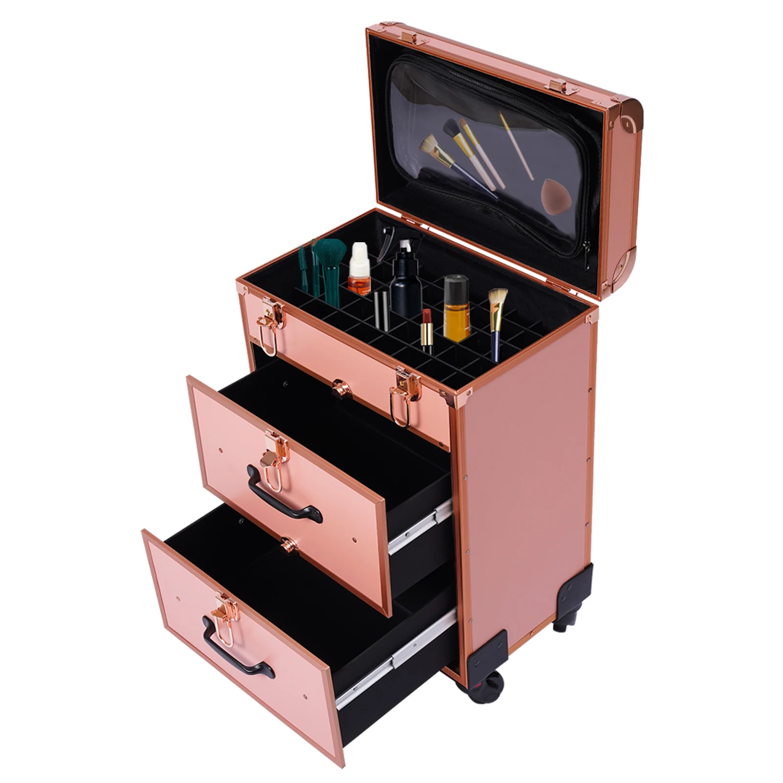 Rolling Makeup Box Suitable for Makeup Artists, Nail Technicians, Beauticians, Rose Gold Nail Art Embroidery Makeup Box