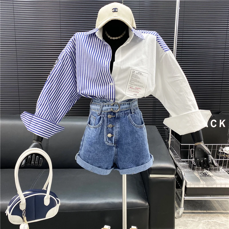 New Brand Original Design Stitched Striped Shirt 2022 Fashion Label Loose Casual Long Sleeve Top