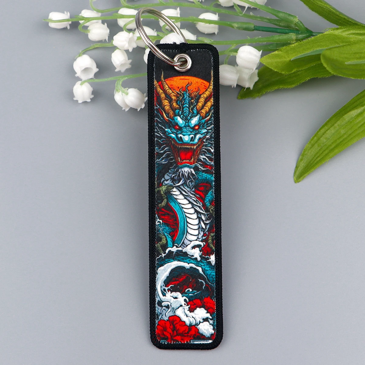 Cool Dragon Embroidery Key Fobs Japanese Waves Key Tags Keychain For Motorcycles Cars Key Ring Accessories Jewelry Chaveiro Gift