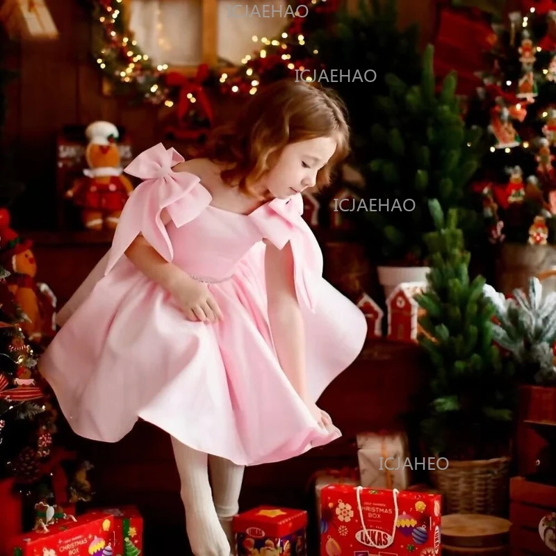 2026 New Kids Girls Pink Bow Tie Back Princess Dress Vestido Flower Girl Children Banquet Elegant Evening Gown Pageant Costume