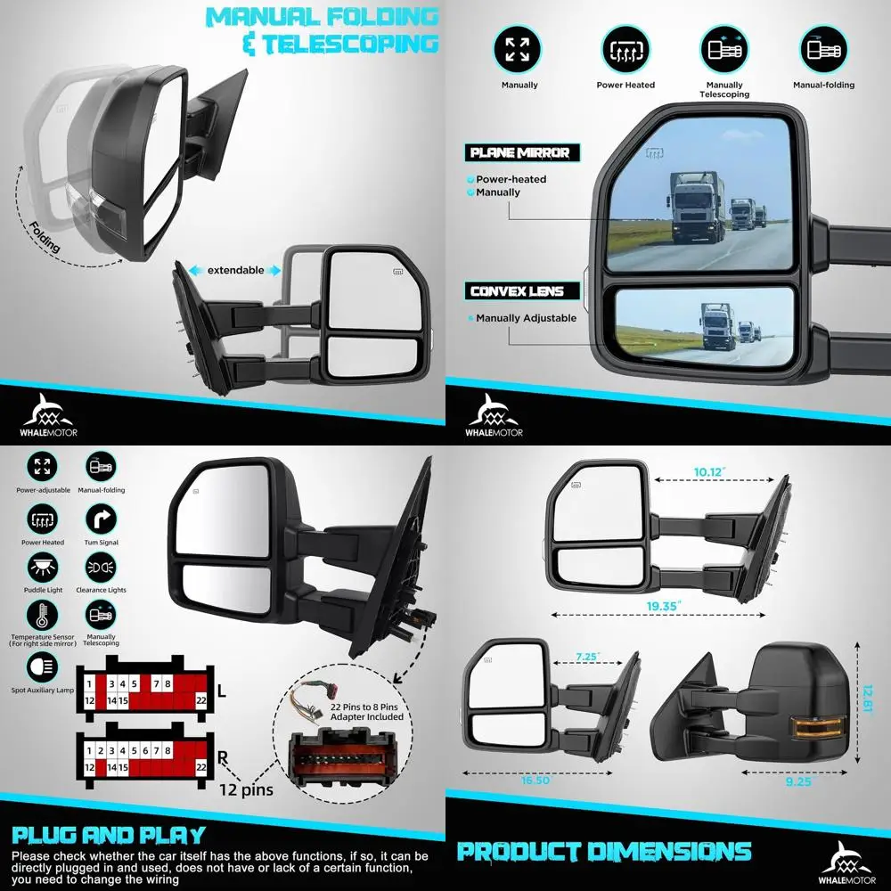 

Буксирные зеркала с подогревом, совместимые с Ford F-12020, 2015–2020 гг., боковые зеркала для буксировки прицепа с сигналом поворота, точечный вспомогательный свет,
