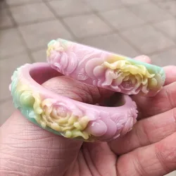 Natural Agate Flower Bangle Women Healing Gemstone Fine Jewelry Genuine Yanyuan Agate Carved Peony Flower Bangles Bracelets