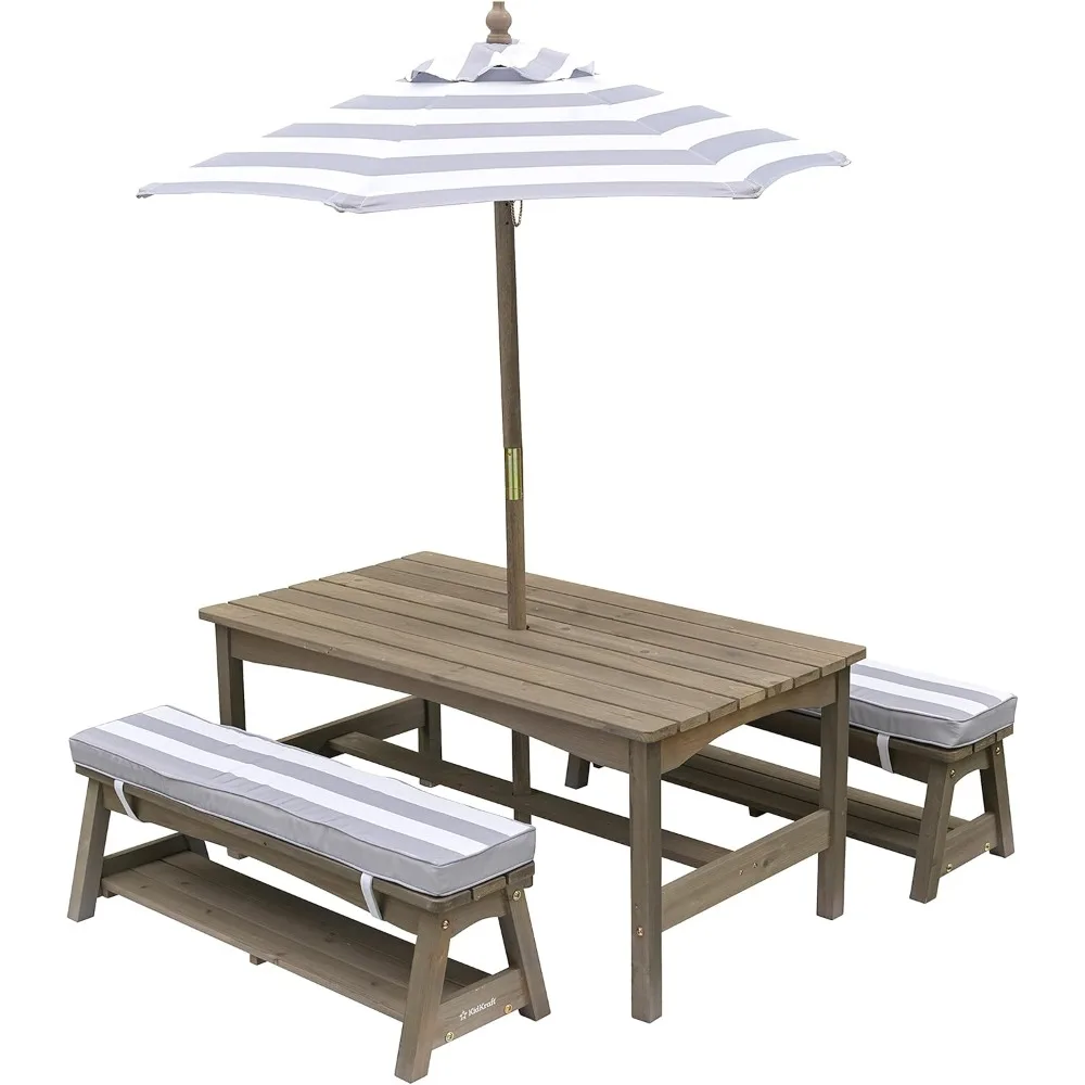 

Gray and White Striped Outdoor Wooden Table and Bench Set with Cushions and Umbrella, Children's Backyard Furniture