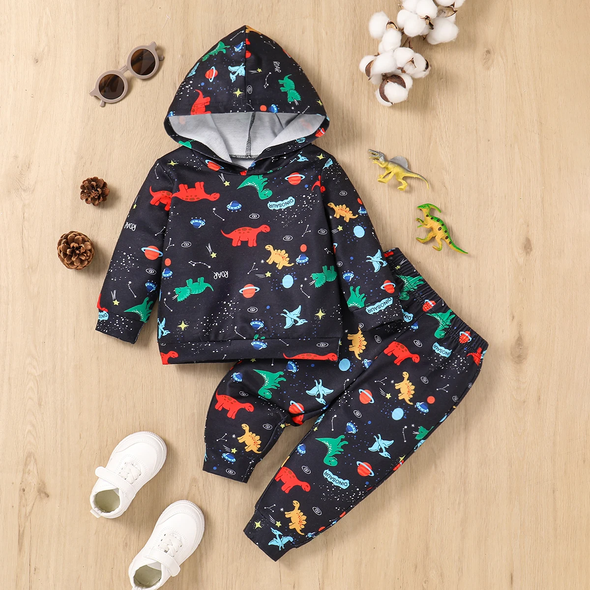 Baby Boy Fashion New Cartoon Dinosaur Letter Print Hooded Top and Trousers Two-Piece Suit Street Style