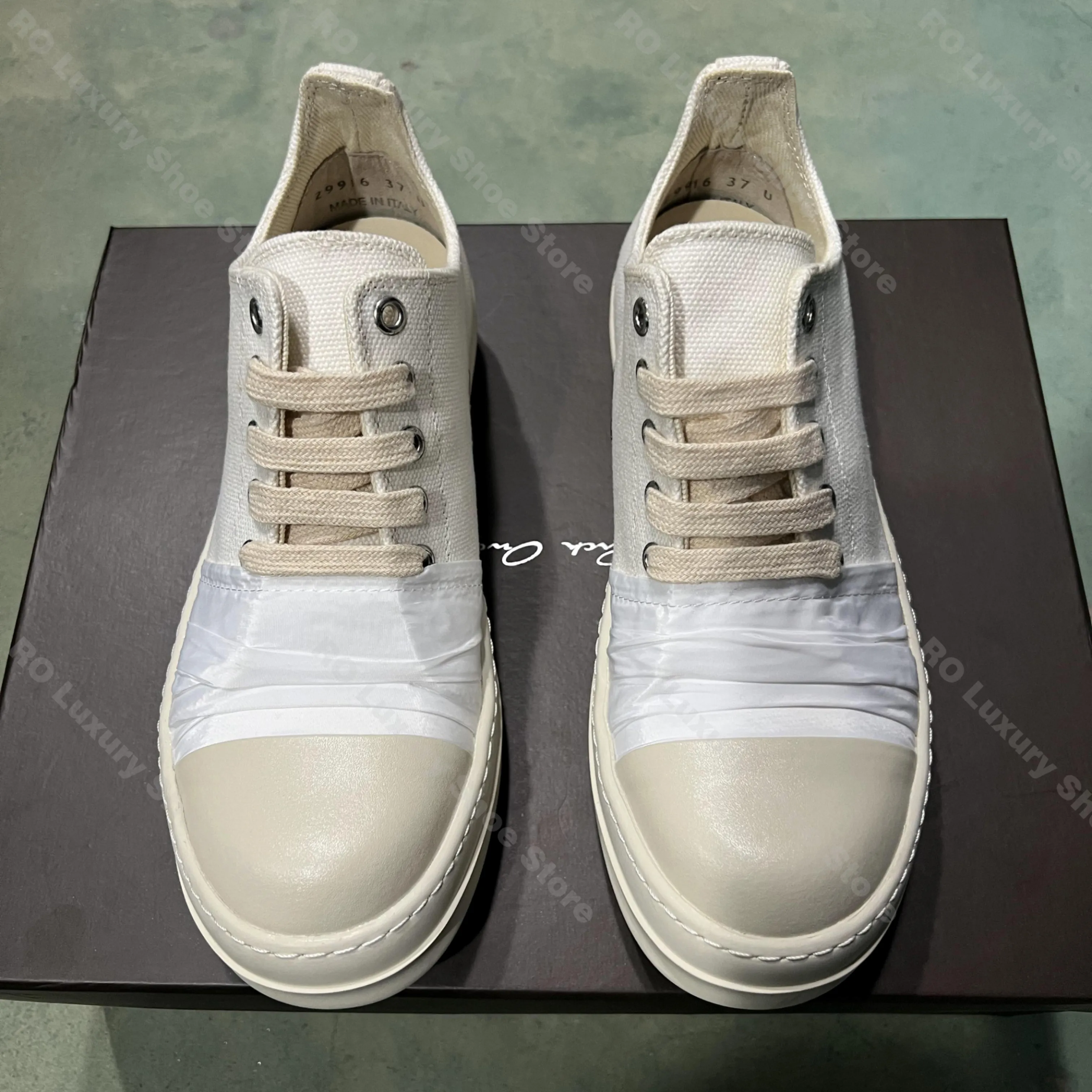 

Ricks Brand Casual Men Shoe Low Top White Women Sneaker White Pleated Designer Fashion owens Thick-sole Lace-up Canvas Shoe