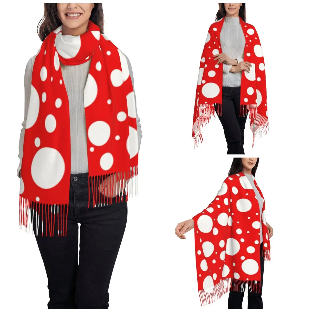 Yayoi Kusama Inspired Dots Shawls Wraps for Ladies Winter Warm Long Soft Scarf Abstract Neckerchief Tassel Scarves