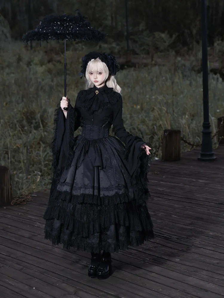 Coalfell【Broken Wing Sky Bat】Lolita Eternal Taboo Gothic Style Gorgeous Lace Bandage Slim Shirt High Waist Black Long Skirt Suit