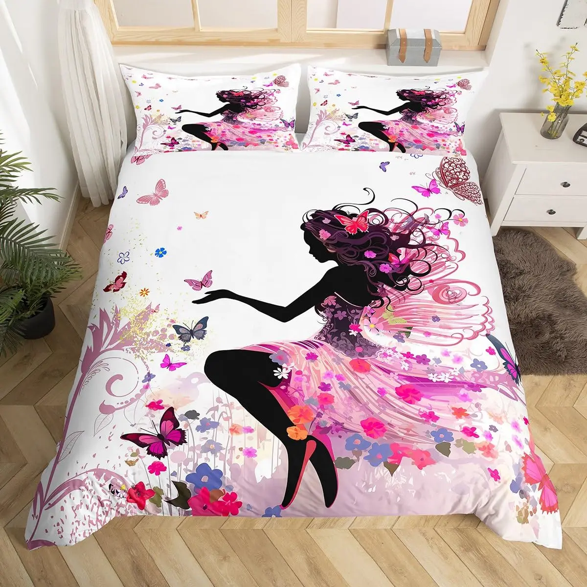 Romantic Style Duvet Cover Fairy Girl with Wings Bedding Set for Couple Women Fantasy Garden Theme Butterfly Comforter Cover