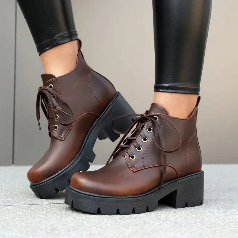 

SIMLOVEYO Fashion British Female Ankle Boots Round Toe Thick Heels Lace Up Platform Big Size 41 42 43 Bota