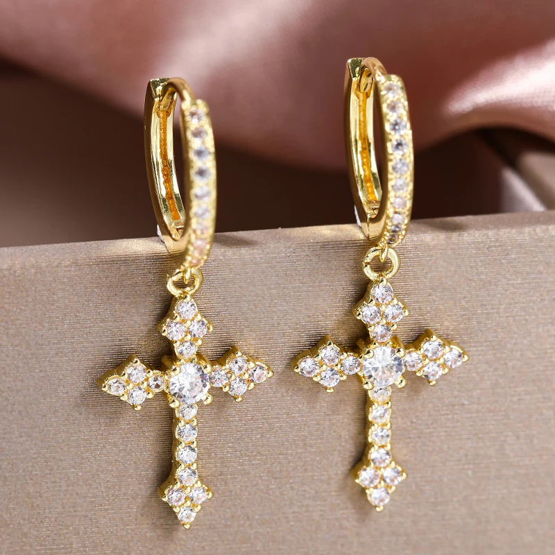 Boucles d'oreilles croix en or pour hommes et femmes, bijoux en biscuits, clous piercing, accessoires d'oreille, litière blanche, mode punk, hip hop, document