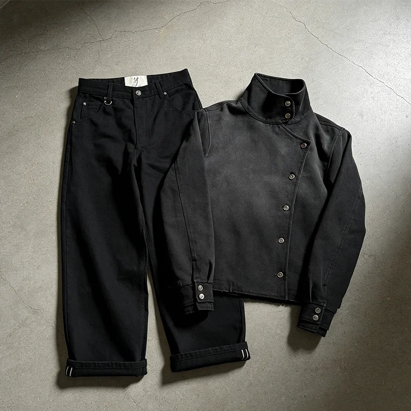 

Y2K винтажная куртка с косым воротником и нерегулярными пуговицами, куртка с высоким воротником в стиле Харадзюку, готический лак, мужские и женские кожаные джинсы с этикетками, уличная одежда