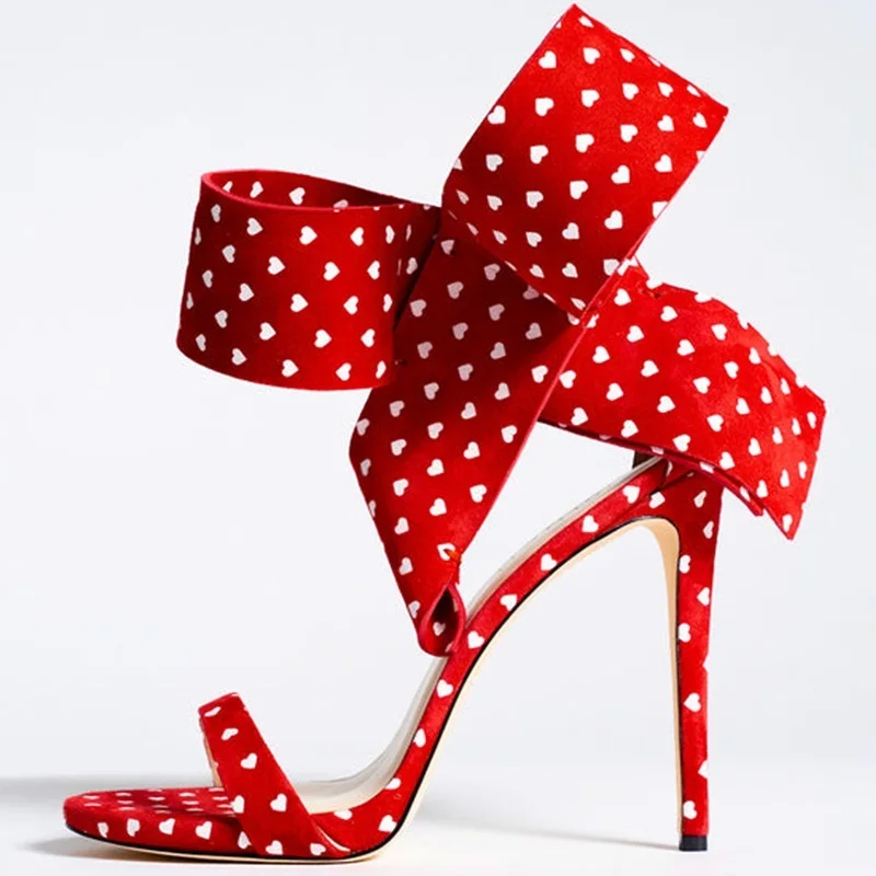 

Stylish Polka Dot High Heel Sandals Red Black Suede Big Butterfly Knot Sandals Shoes Open Toe Thin Heels Banquet Shoes