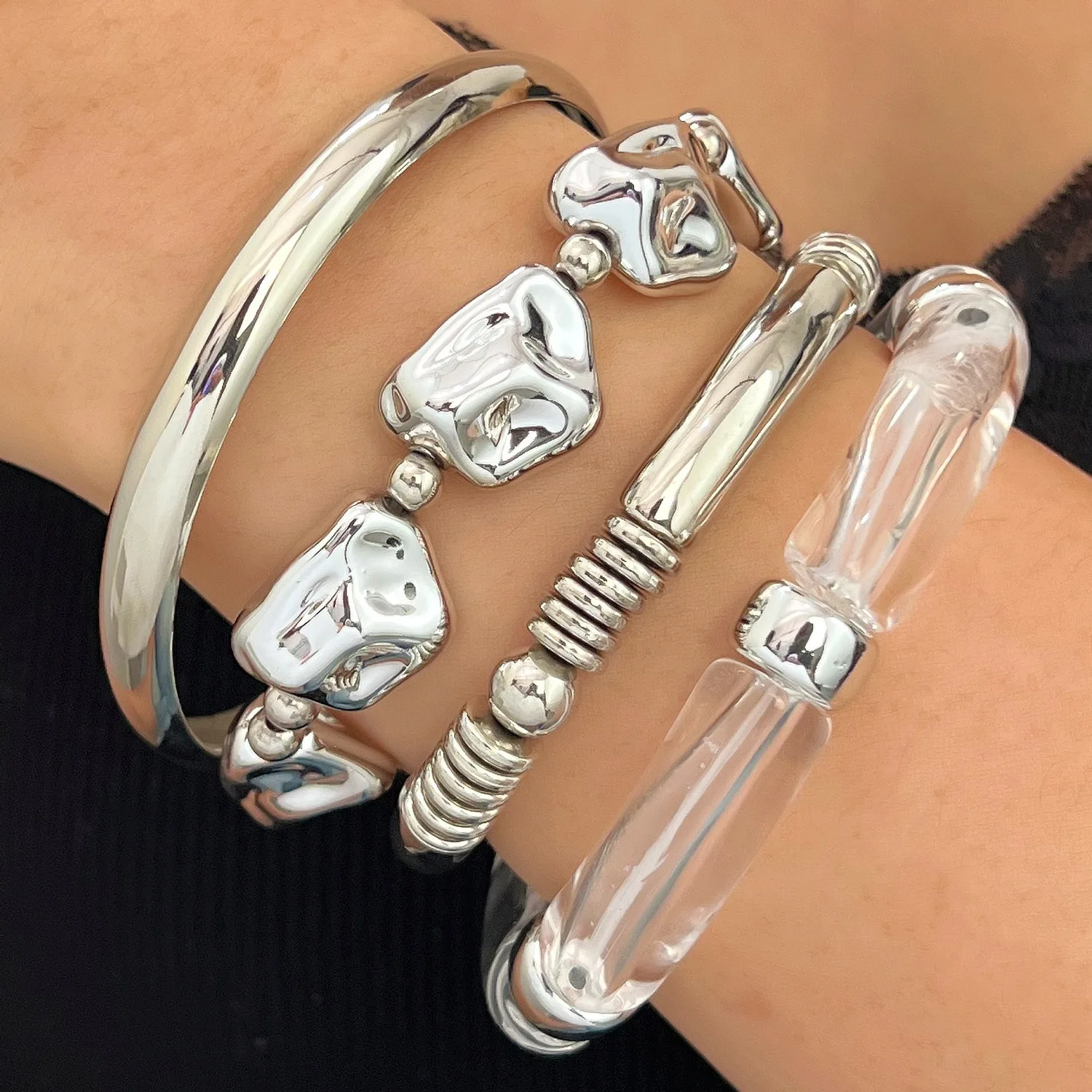 4PCS Gold Chunky Bangles Set for Women Stack Layered Curved Bamboo Tube Stretch Bracelets Plated Jewelry Gift