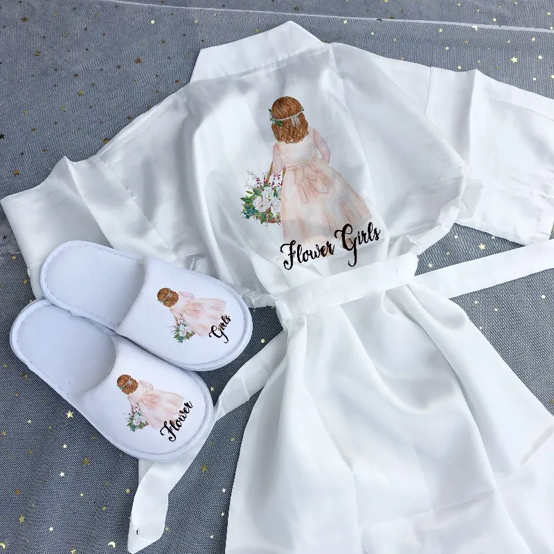 Customized Flower Girls Kid Satin Robe Wedding Bachelorette Bridal Shower Party Proposal Marriage Decorations For Children