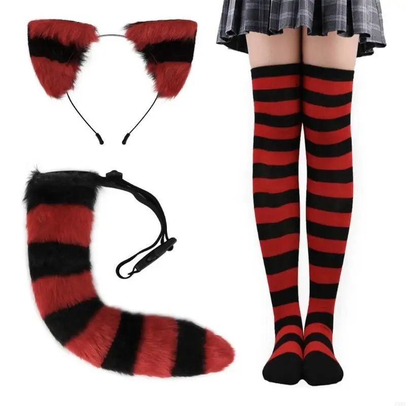 

49MF 3 Pcs Cat-Costume Set Cat-Ears Headband Striped Stockings Tail for Kids-Adults