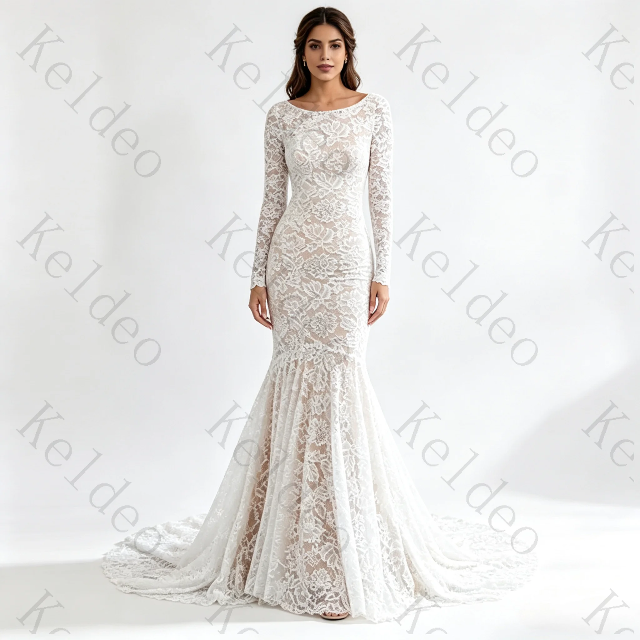 Customized Sexy Round Neck Mermaid Full Sleeves Wedding Dresses Lace Applique Pleated Draped Open Back Floor‑Length Bridal Gowns