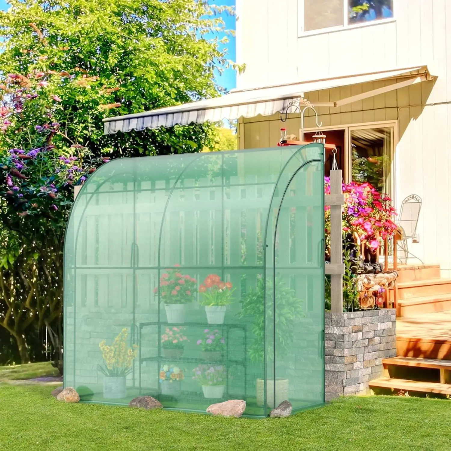 Happygrill Walk-In Greenhouse, Indoor Outdoor Greenhouse With 3 Tiers Flower Rack, Weatherproof Pe Cover & Roll-Up Zipper