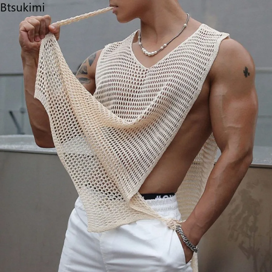 New Men's Sexy Knitted Side Hollow Straps See-Through Tank Top Summer Streetwear Loose Sleeveless T-Shirt Fashion Men Clothing